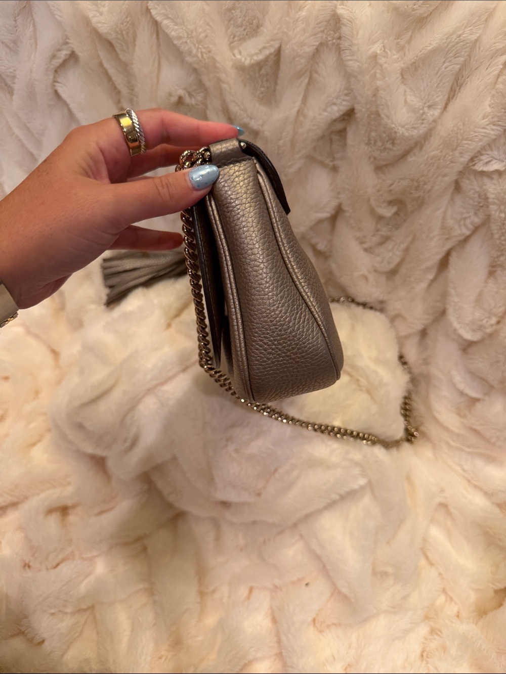 Gucci Metallic Taupe Pebbled Leather Crossbody with Tassel - Picture 2 of 5